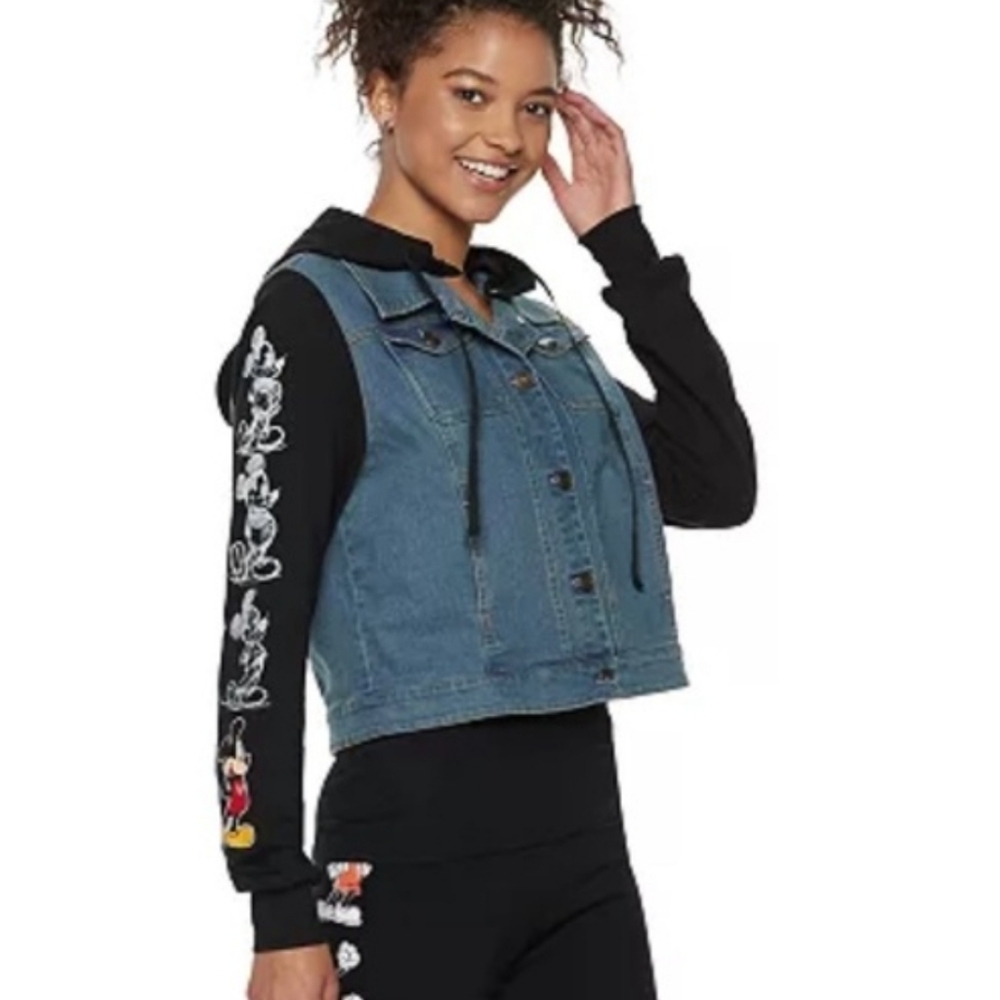 Disney Junior's Size Medium Blue Denim Jacket with Black Sleeves And Micky Ear